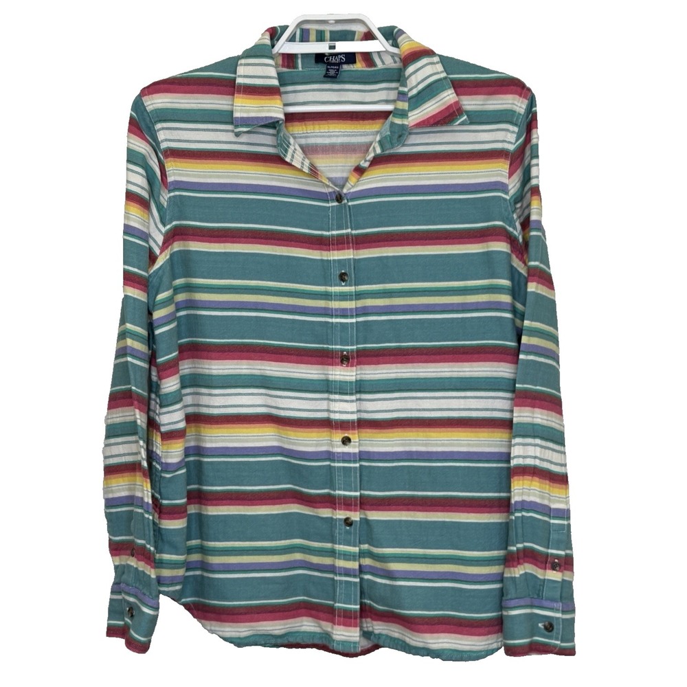 Chaps Button Front Top Womens Size XL Stripe Southwestern Long Sleeve Collared‎